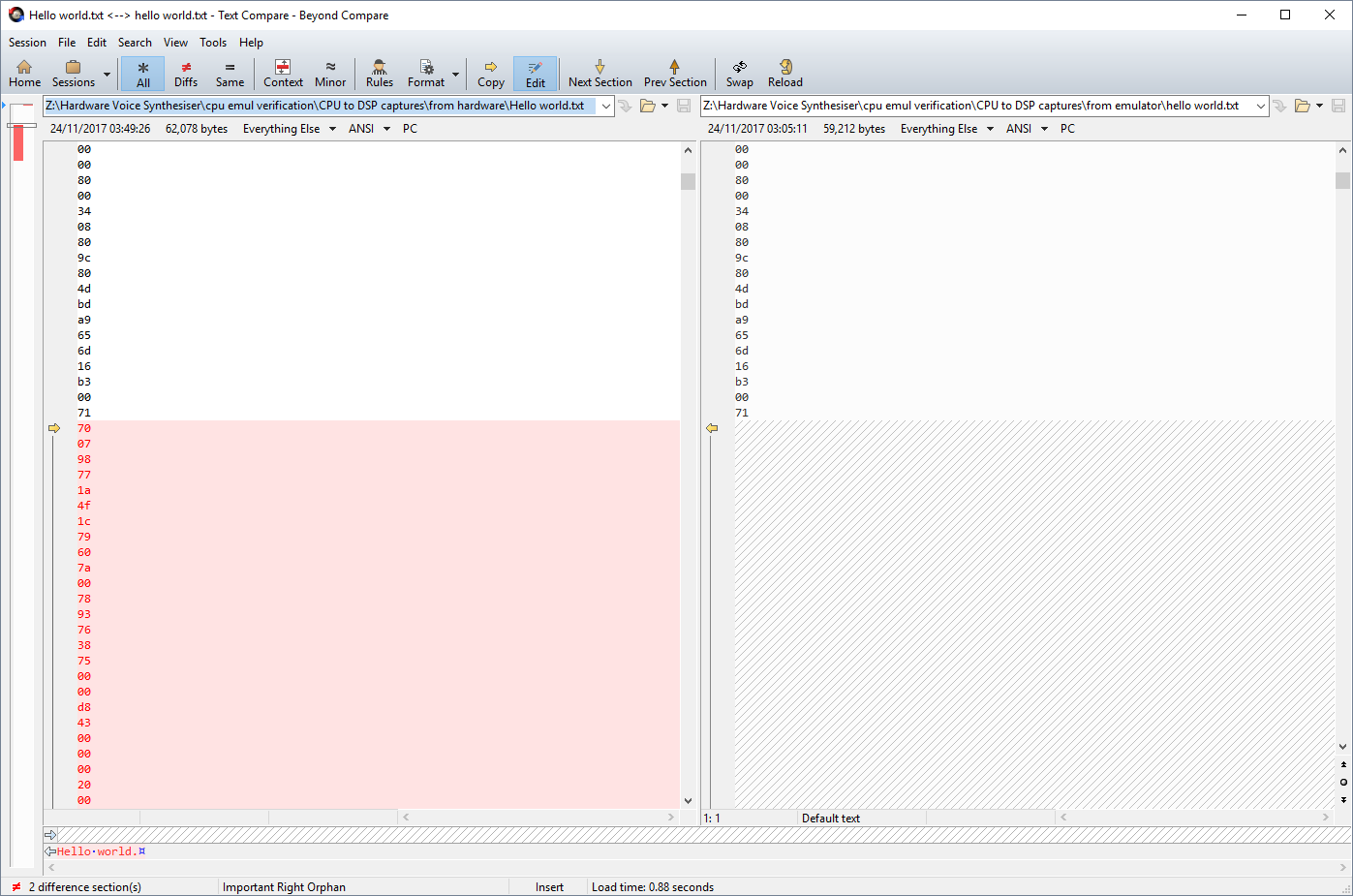 Software and hardware generated PCM samples compared using Beyond Compare.