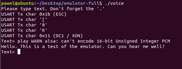 Stephen Hawking's Voice Emulator console output. Stephen Hawking's Voice Emulator running on Linux.