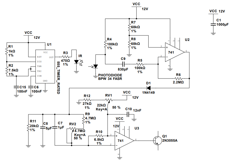 Complete electrical schematic diagram of the analog blink sensor showing the 555 timer circuit, IR LED/photodiode arrangement, op-amp stages, and relay output.